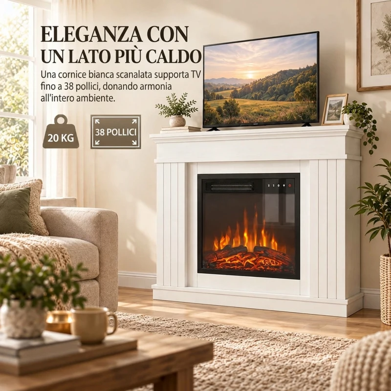 HOMCOM Camino Elettrico da Terra e Incasso con Cornice, 1800W, Effetto Fiamma 3D e Funzione Memory, Bianco