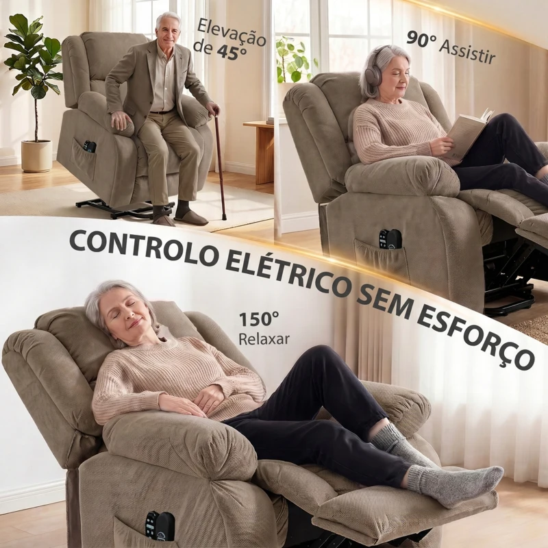 HOMCOM Cadeirão Elevatório Elétrico com Massagem por Vibração e Calor, Extra Acolchoado, para Idosos, Castanho Claro