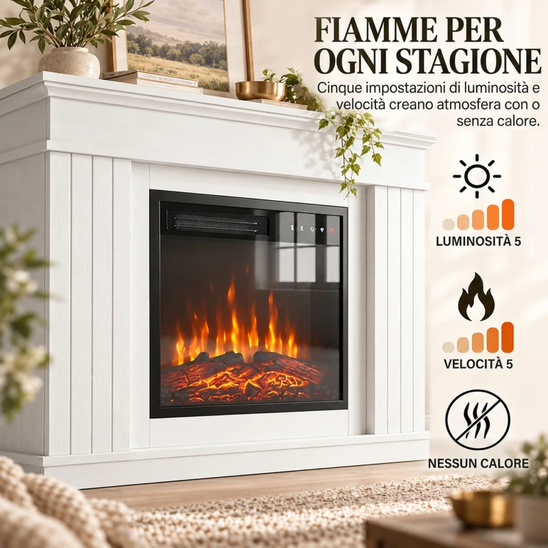 HOMCOM Camino Elettrico da Terra e Incasso con Cornice, 1800W, Effetto Fiamma 3D e Funzione Memory, Bianco