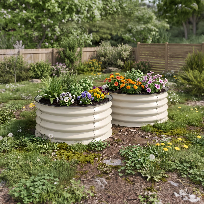 Outsunny Set of 2 Raised Garden Bed, Metal Planter Box with Safety Edging, Easy-to-assemble Stock Tank, Cream White