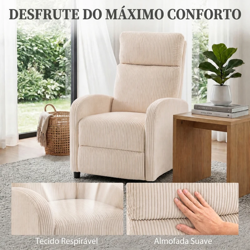 HOMCOM Poltrona Relax Reclinável em Bombazina até 135° com Apoio para os Pés e Encosto Alto Bege