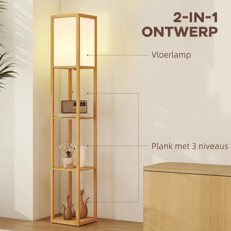 HOMCOM Vloerlamp met 3 planken, staande lamp met E27 fitting, 26 x 26 x 160 cm, voor woon-/slaapkamer (zonder lamp)