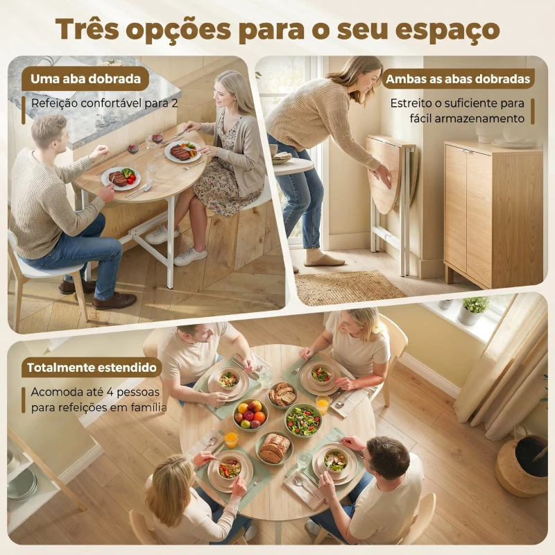 HOMCOM Mesa de Jantar Dobrável Redonda para 2-4 Pessoas com Estrutura em Aço 80x80x76 cm Natural