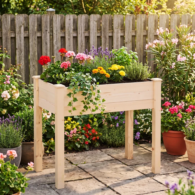 Outsunny Huerto Urbano Elevado de Madera 86x46x76 cm con Tela no Tejida para Cultivos Plantas Flores Natural