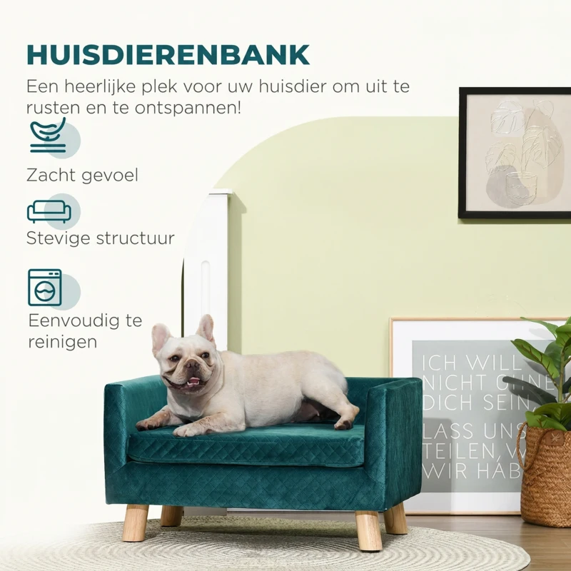 PawHut Hondensofa van fluweel met rugleuning, houten poten en kussen, tot 8 kg, 64 x 45 x 36 cm, blauw