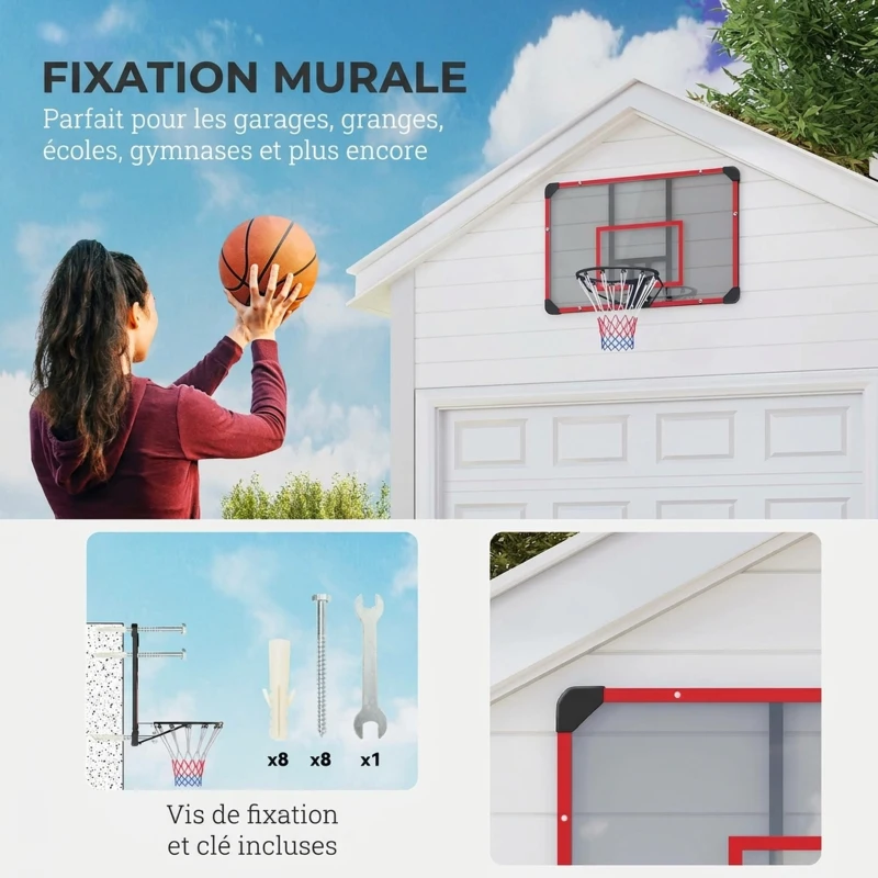 SPORTNOW Panier de Basketball Mural avec Panier Spécial, Filet Toutes Saisons, pour Extérieur, 113x61x73cm, Rouge