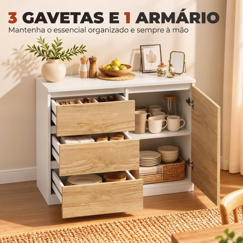 HOMCOM Aparador Pequeno com Porta e 3 Gavetas 80x40x75 cm para Entrada e Sala de Jantar Branco e Natural