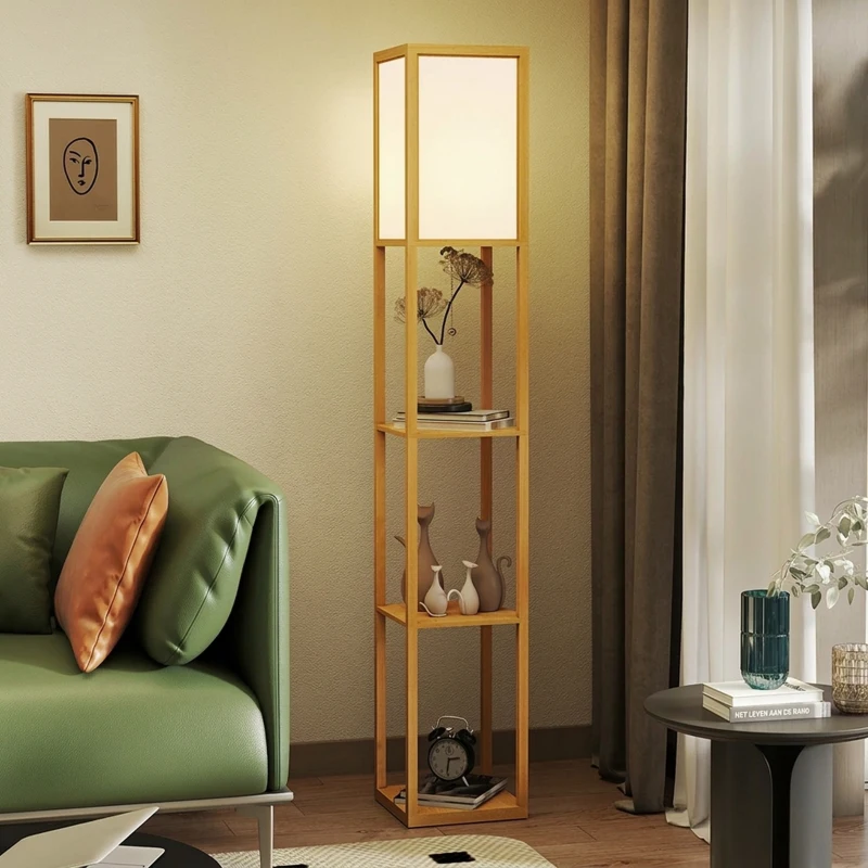 HOMCOM Vloerlamp met 3 planken, staande lamp met E27 fitting, 26 x 26 x 160 cm, voor woon-/slaapkamer (zonder lamp)