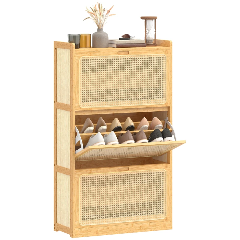 HOMCOM Meuble à chaussures 14 paires, armoire à chaussures 3 tiroirs rabattables, étagères réglables 69x29x119,8cm bois naturel