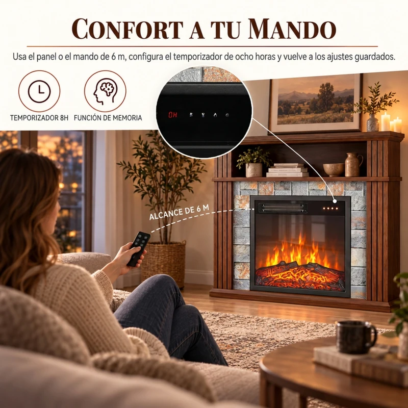 HOMCOM Chimenea Eléctrica Decorativa 1800W con Repisa Efecto Llama 5 Brillos Termostato Temporizador Mando Marrón
