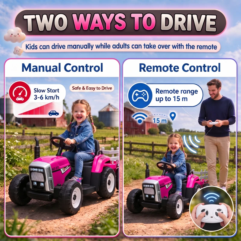 HOMCOM 12V Kids Ride on Tractor with Detachable Trailer, Remote, Soft Start, Seat Belt, Music, USB, Horn, Lights for 3-6, Pink