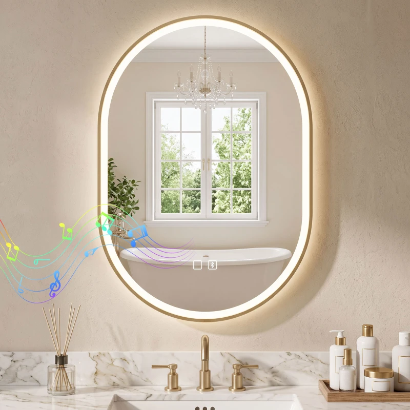 HOMCOM Bathroom Mirror with LED Lights, 100x70cm Oval Bathroom Mirror, Dimmable, Bluetooth, Anti-Fog, Gold Tone