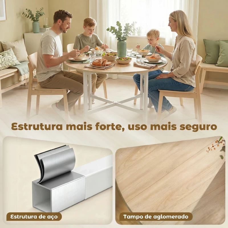HOMCOM Mesa de Jantar Dobrável Redonda para 2-4 Pessoas com Estrutura em Aço 80x80x76 cm Natural