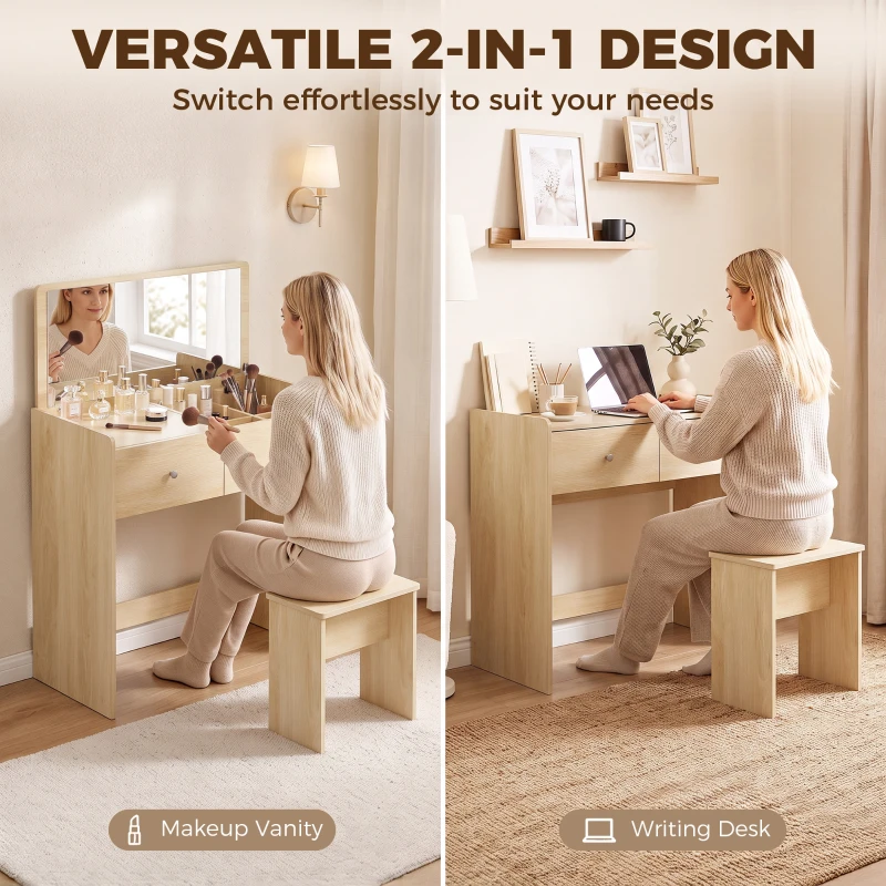 HOMCOM Vanity Desk with Mirror Dressing Table Drawer Set 6 Compartments Storage Stool White and Oak