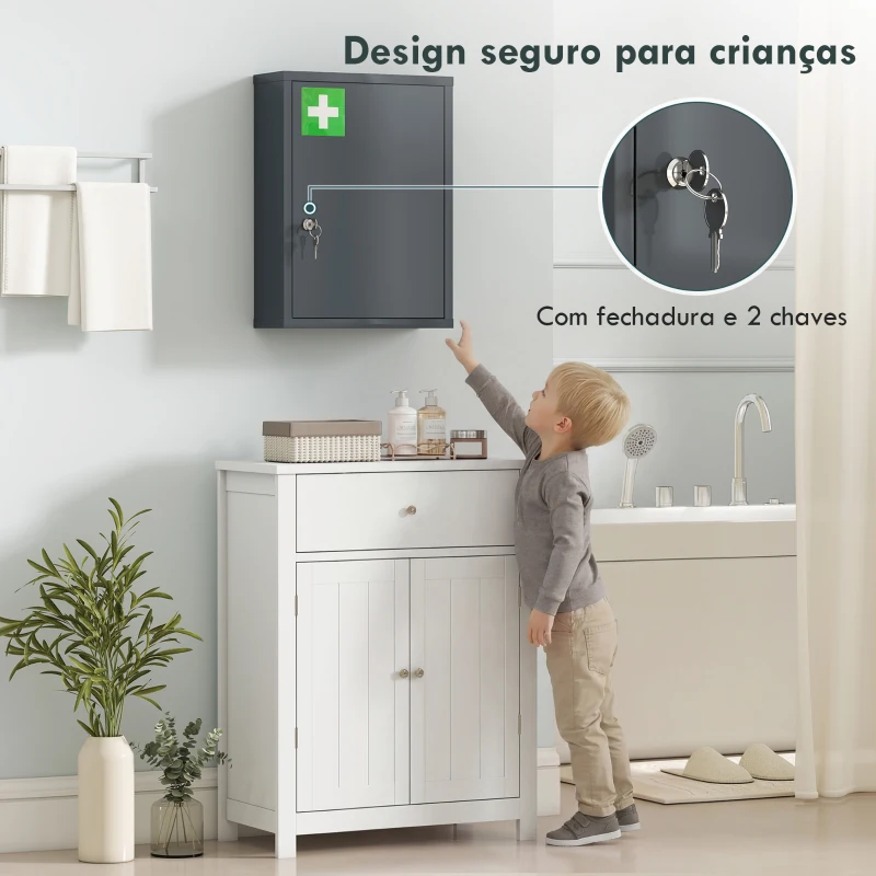 kleankin Armário de Medicamentos de Parede em Aço com 3 Prateleiras e 2 Chaves para Casa de Banho 40x15x53,5 cm Cinzento Fumado