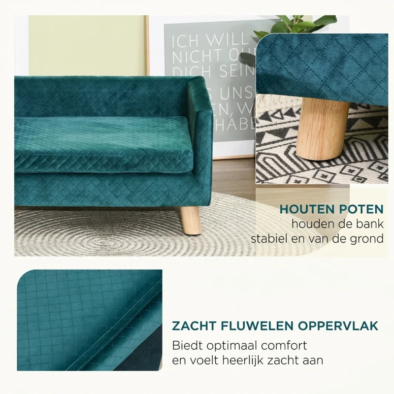 PawHut Hondensofa van fluweel met rugleuning, houten poten en kussen, tot 8 kg, 64 x 45 x 36 cm, blauw