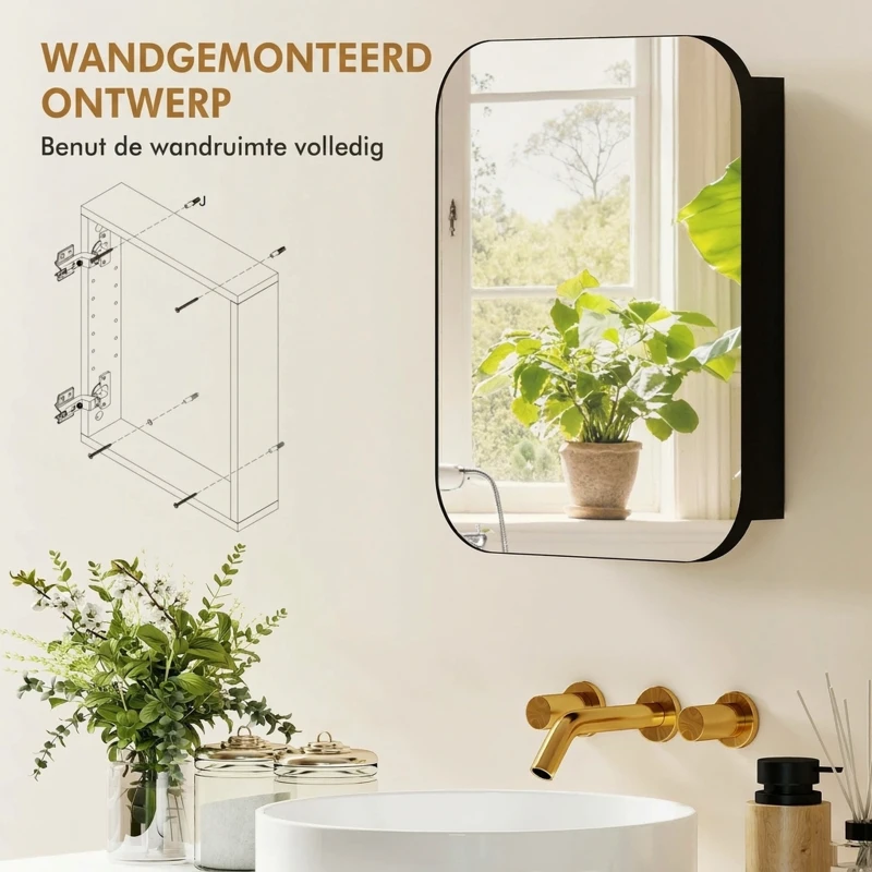 HOMCOM Spiegelkast badkamer, badkamerspiegelkast met spiegel, verstelbare plank, 40,2 x 10,2 x 50,9 cm, Zwart