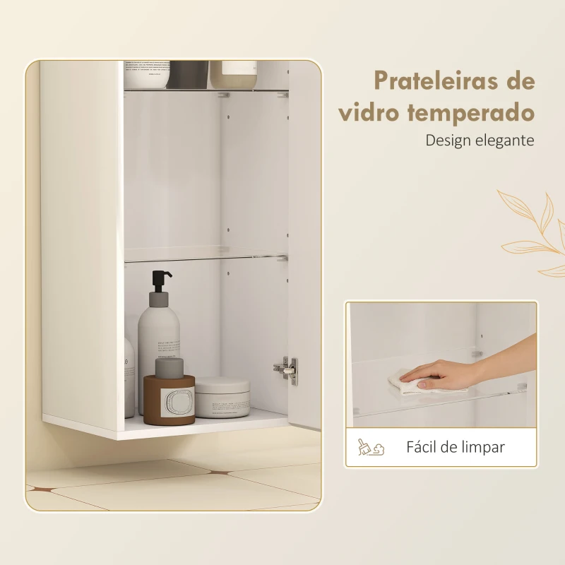 Armário de Casa de Banho HOMCOM de Parede com Alto Brilho e Prateleiras Ajustáveis em Vidro Temperado, Branco