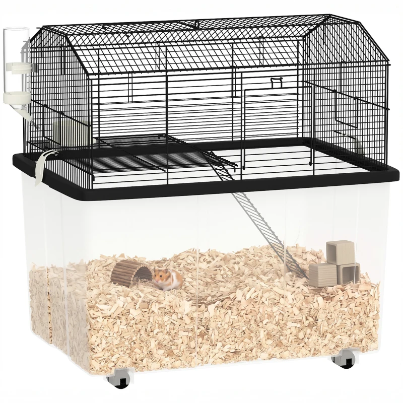 PawHut Cage hamster cage rongeur 2 étages avec roulettes plate-forme et échelle en fil d'acier 57 x 43 x 57 cm noir