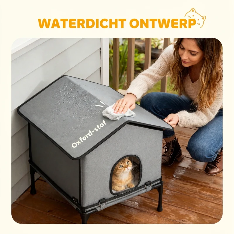 PawHut Opvouwbaar kattenhuis met kussen, verhoogd en waterafstotend, 62 x 58,5 x 60 cm, grijs