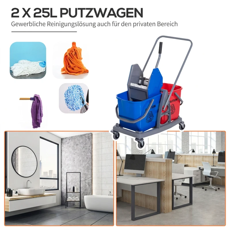 HOMCOM Putzwagen Reinigungswagen Wischwagen mit 2 Eimern Systemwagen mit 4 leichtgängigen Rollen Metall+PP Blau+Rot 73 × 45 × 92 cm