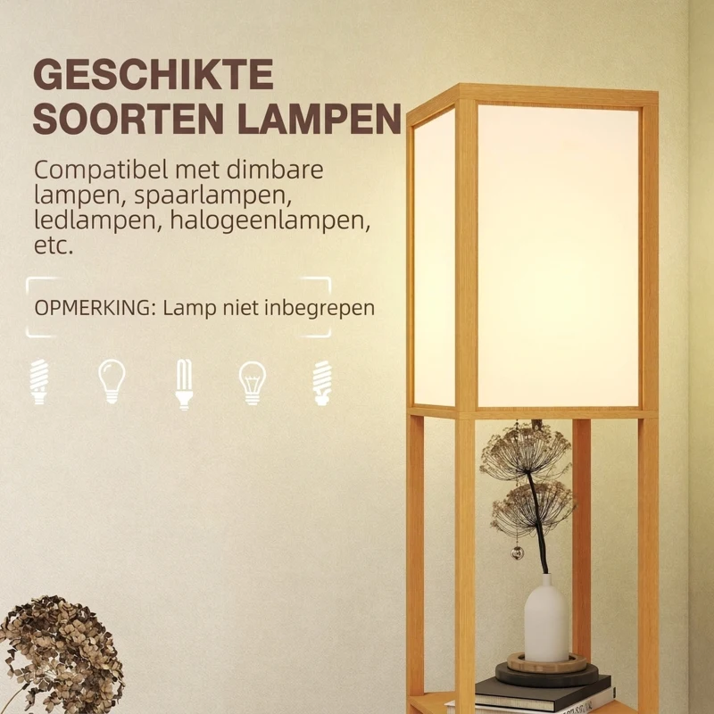 HOMCOM Vloerlamp met 3 planken, staande lamp met E27 fitting, 26 x 26 x 160 cm, voor woon-/slaapkamer (zonder lamp)