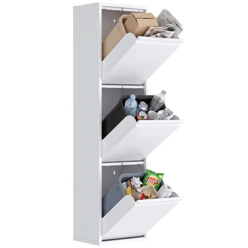 HOMCOM Meuble Poubelle de Tri Sélectif, Poubelle de Recyclage 45 L (3 x 15 L), 3 Compartiments, Portes à Fermeture Douce, Blanc