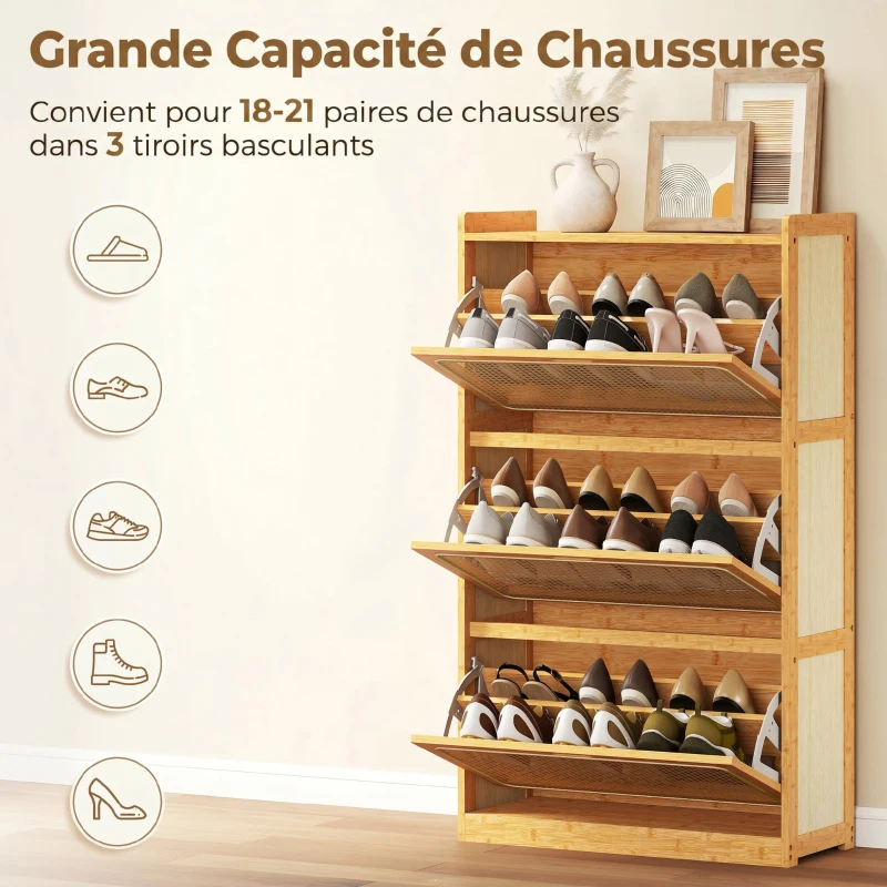 HOMCOM Meuble à chaussures 14 paires, armoire à chaussures 3 tiroirs rabattables, étagères réglables 69x29x119,8cm bois naturel