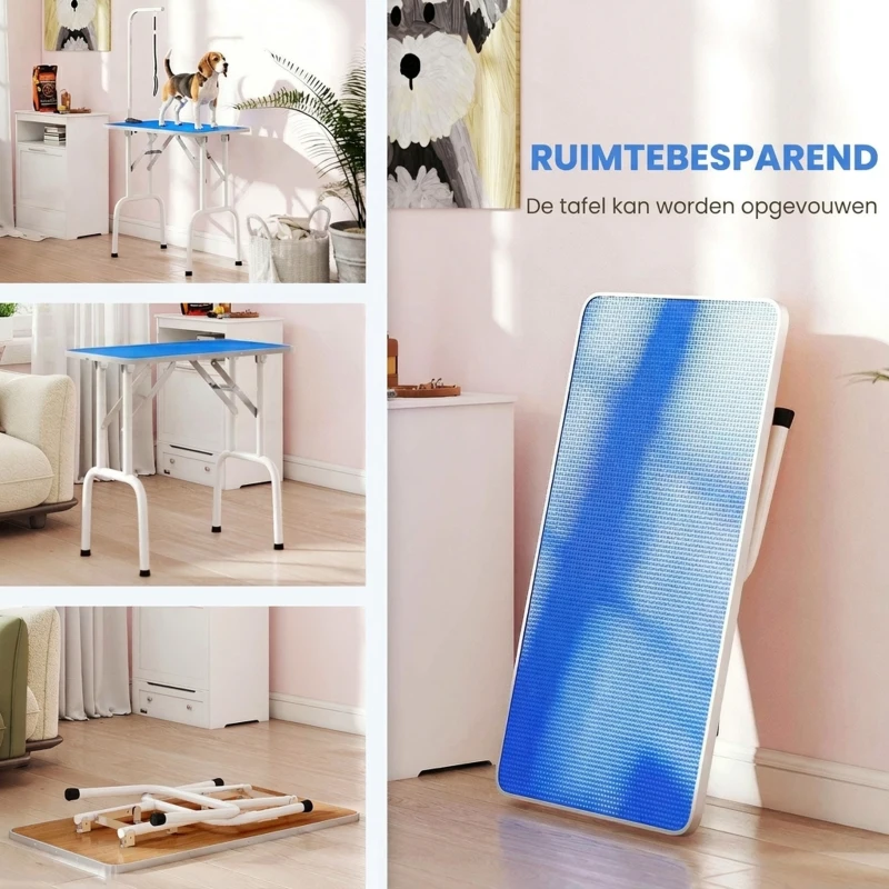 PawHut Hondentrimtafel verzorgingstafel opvouwbaar in hoogte verstelbaar met verstelbare arm, lus en rubberen mat Blauw