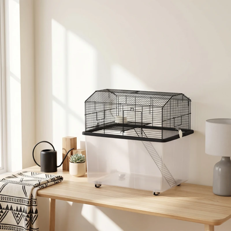 PawHut Cage hamster cage rongeur 2 étages avec roulettes plate-forme et échelle en fil d'acier 57 x 43 x 57 cm noir