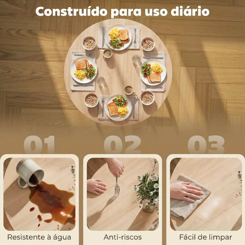 HOMCOM Mesa de Jantar Dobrável Redonda para 2-4 Pessoas com Estrutura em Aço 80x80x76 cm Natural