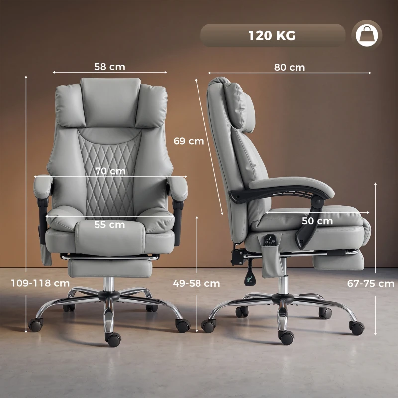 HOMCOM Fotoliu de birou cu masaj vibrant și încălzire, Scaun de birou ergonomic din PU, spătar înclinabil, tetieră, Gri