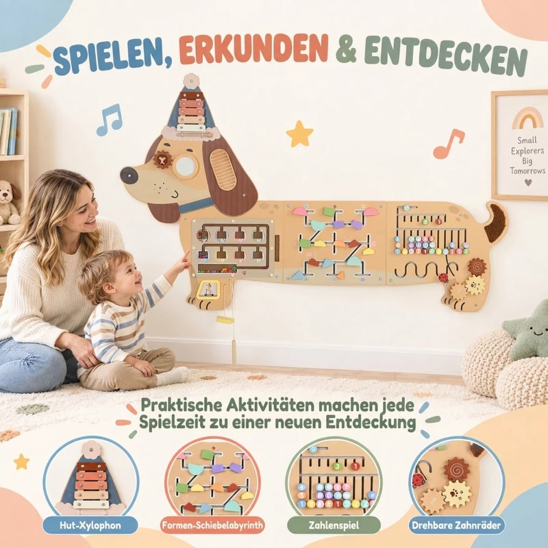 AIYAPLAY Montessori panel motoryczny drewniany Busy Board w kształcie jamnika montowany na ścianie z ksylofonem, zębatkami i bębenkiem