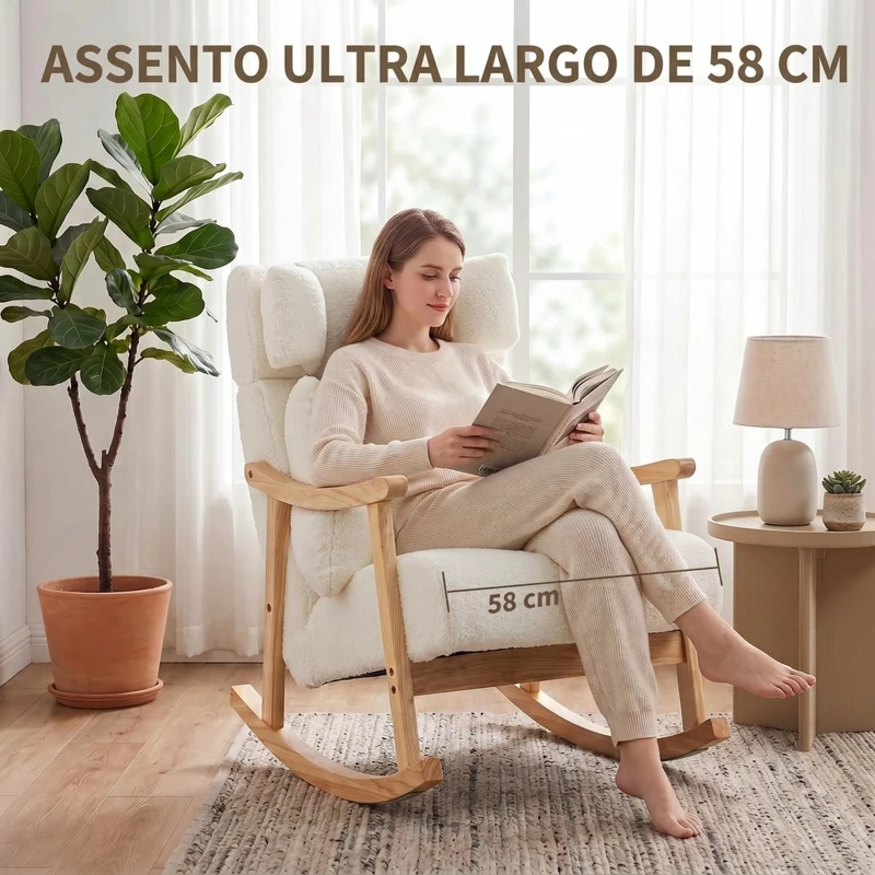 HOMCOM Cadeirão de Baloiço Estofado com Apoio de Cabeça Ajustável e Encosto Alto Branco Creme