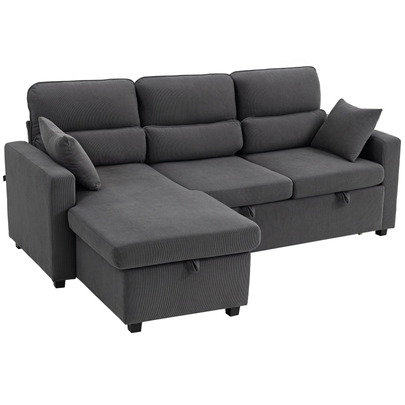 HOMCOM Verstellbares Bettsofa, L-förmiges Gästesofa mit Bettfunktion, Stauraum, Kissen, für Wohnzimmer, Gästezimmer, Grau