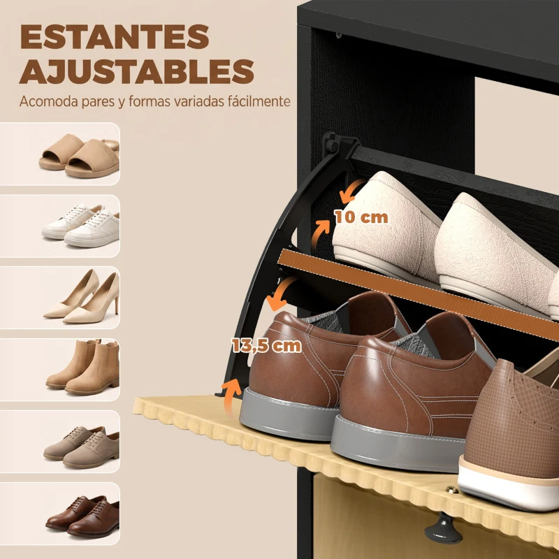 HOMCOM Zapatero Estrecho con 2 Cajones Abatibles Armario Taburete Oculto Estantes Ajustables 8-10 Pares 100x23,8x100 cm Roble