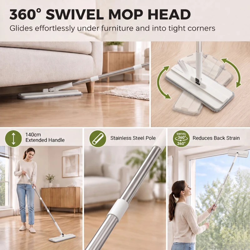 HOMCOM Mop and Bucket Set, Compact Flat Mop and Bucket with Wringer, 2-Port Design, 5 Reusable Microfiber Pads, White