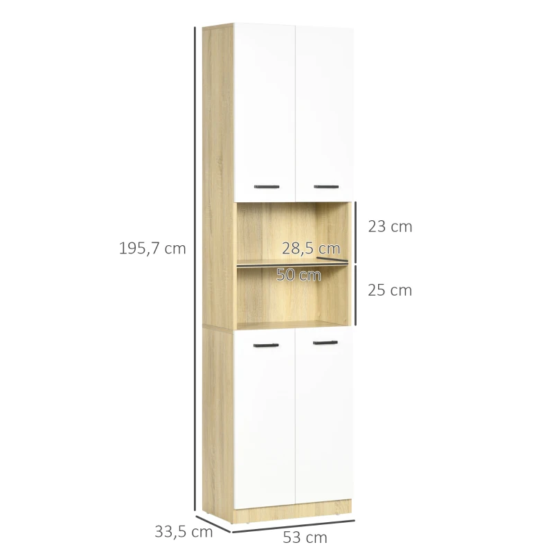 kleankin Armario Alto de Baño con 4 Puertas 2 Estantes Abiertos y Estantes Ajustables 53x33,5x195,7 cm Blanco y Roble