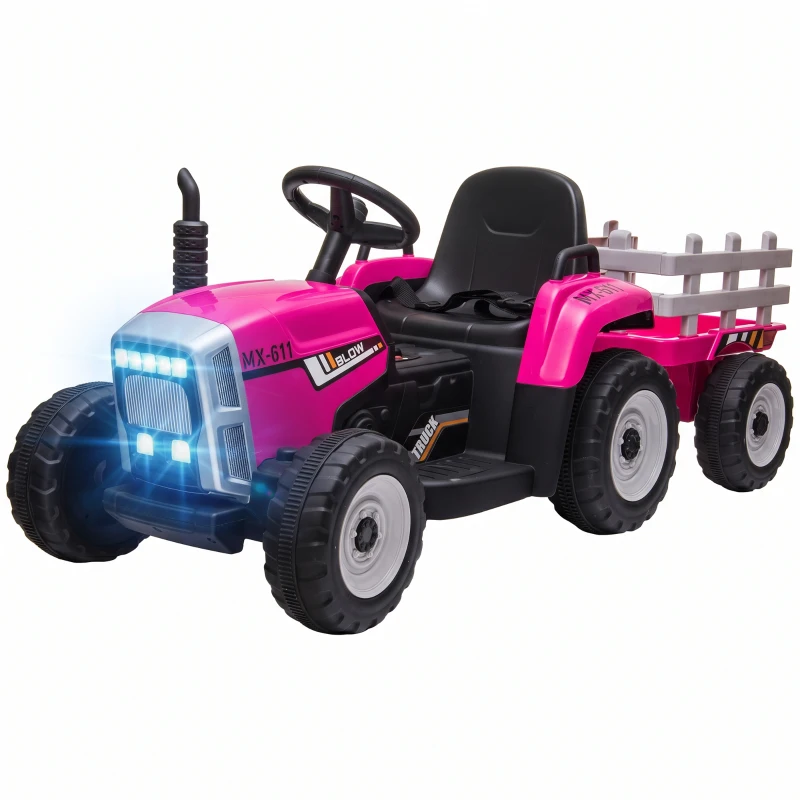 HOMCOM 12V Kids Ride on Tractor with Detachable Trailer, Remote, Soft Start, Seat Belt, Music, USB, Horn, Lights for 3-6, Pink