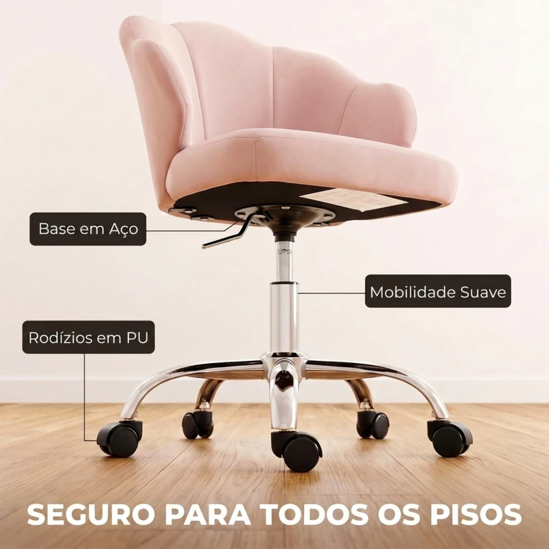 HOMCOM Cadeira de Escritório em Forma de Pétala com Rodas, Assento Largo, Veludo e Altura Regulável, Rosa