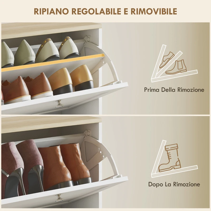 HOMCOM Scarpiera Salvaspazio a 4 Cassetti con Ripiani Regolabili su 2 Livelli, 60x23.5x153.3 cm, Bianco