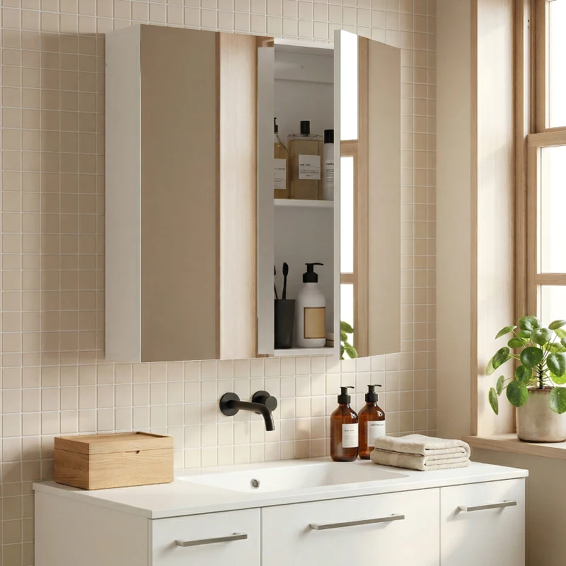 kleankin Armário de Casa de Banho com Espelho de Parede com 2 Portas e Prateleira Ajustável Fecho Suave 60x15x70 cm Branco