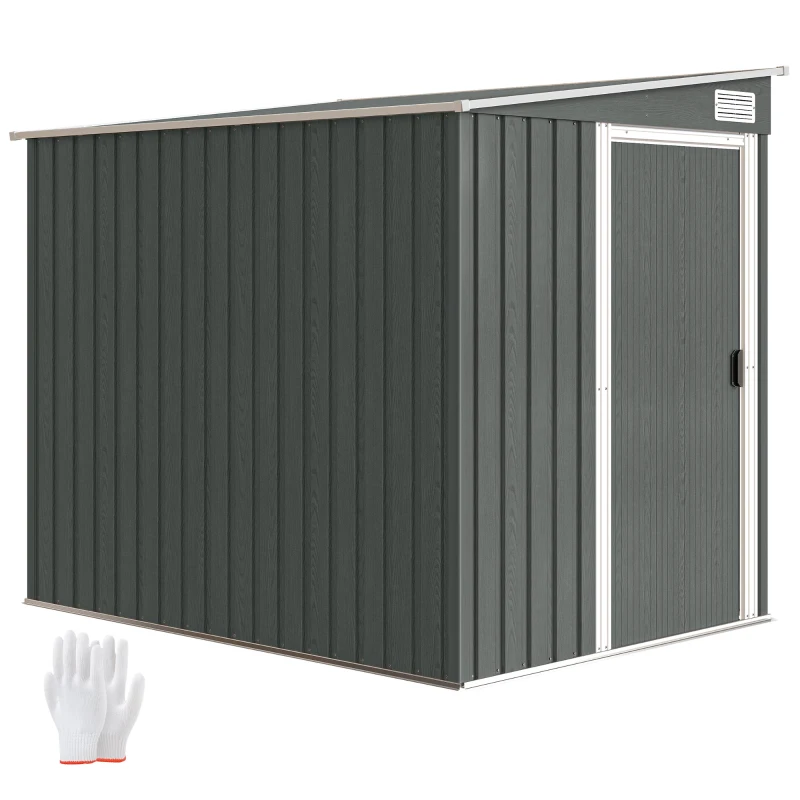 Outsunny Abri de Jardin 2,81 m² avec Fondation, Abri à Outils Extérieur Adossé en Acier Galvanisé, 154x206,5x181cm, Gris Clair