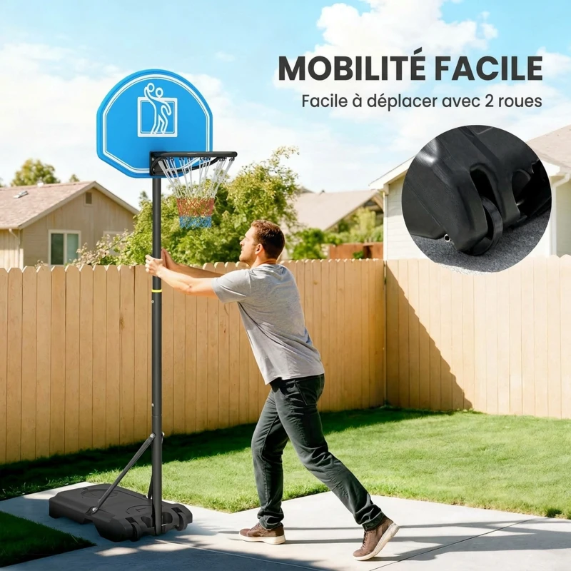 HOMCOM Panier de Basket Extérieur, Hauteur Réglable 197,5-254cm, Panier de Basket sur Pied à Roulettes, Base Remplissable, Bleu