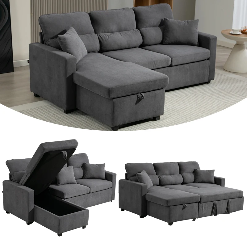 HOMCOM Verstellbares Bettsofa, L-förmiges Gästesofa mit Bettfunktion, Stauraum, Kissen, für Wohnzimmer, Gästezimmer, Dunkelgrau