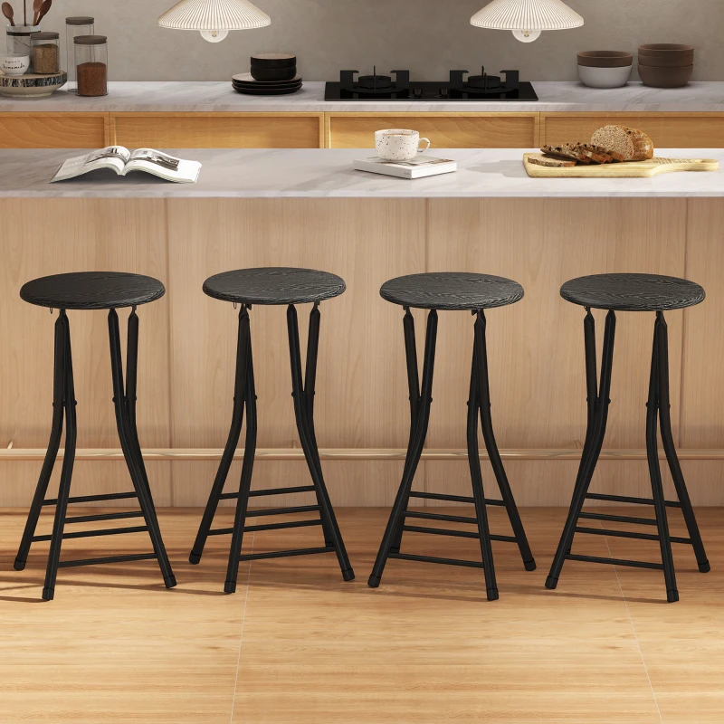 HOMCOM Lot de 4 Tabourets de Bar Pliables, Chaises de Bar Ronds avec Double Repose-Pieds, Cadre en Acier, Noir