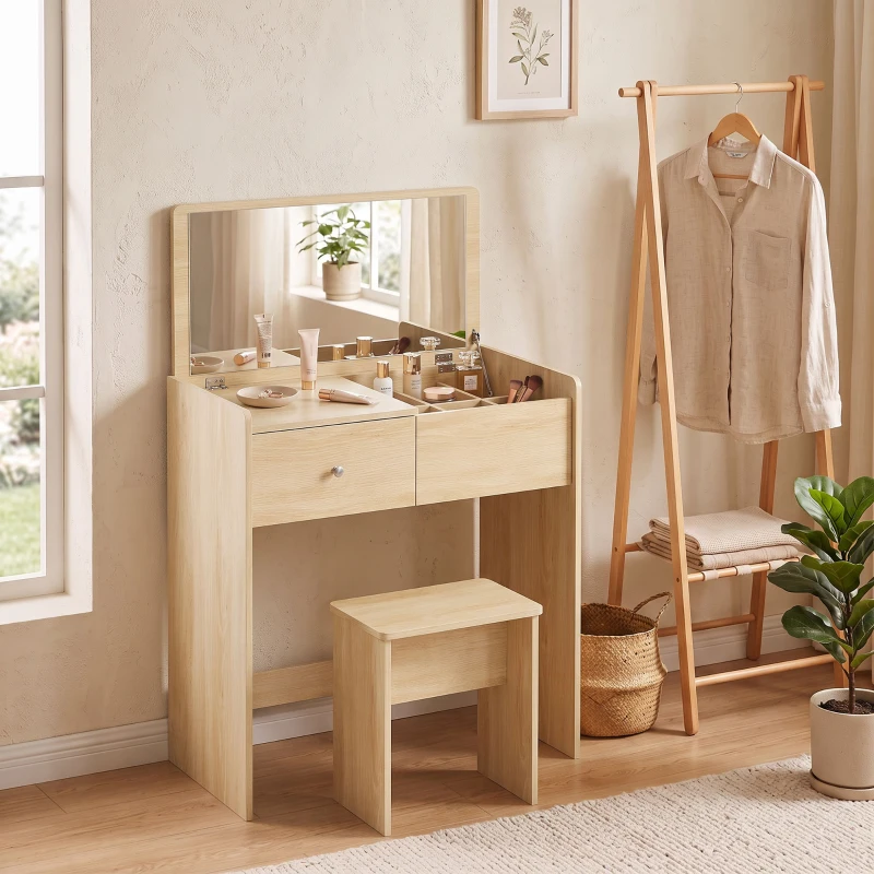 HOMCOM Vanity Desk with Mirror Dressing Table Drawer Set 6 Compartments Storage Stool White and Oak