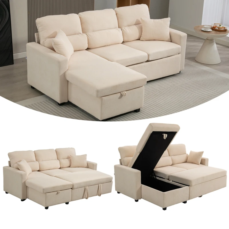 HOMCOM Verstellbares Bettsofa, L-förmiges Gästesofa mit Bettfunktion, Stauraum, Kissen, für Wohnzimmer, Gästezimmer, Beige