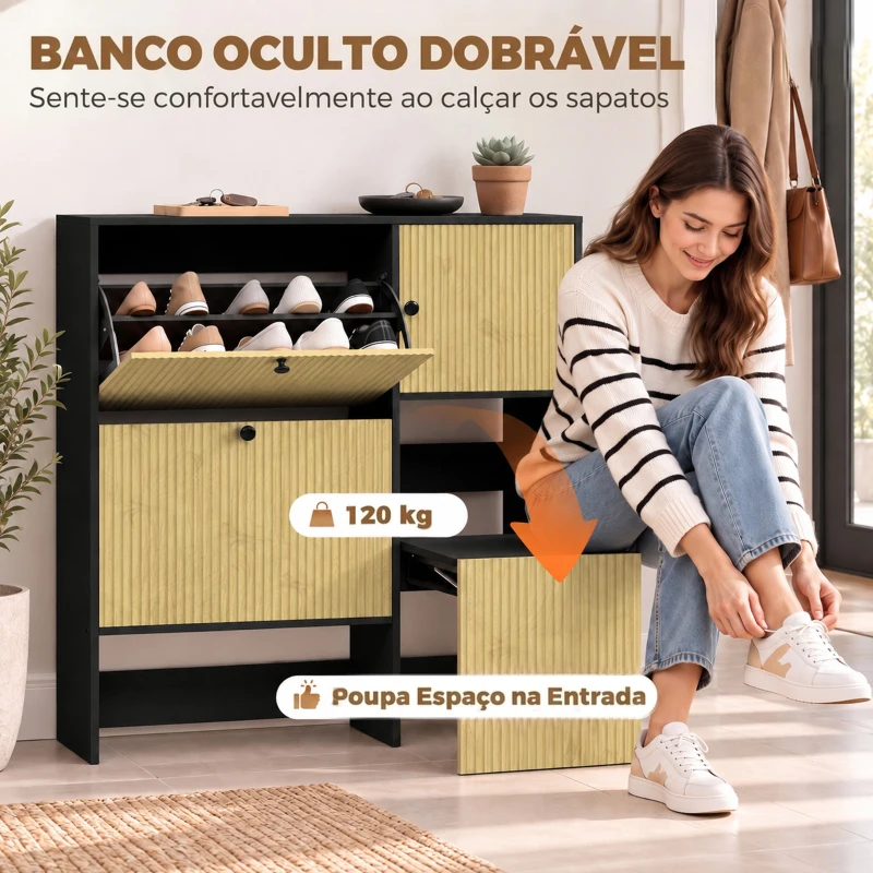 HOMCOM Sapateira Estreita com 2 Gavetas Basculantes, Armário, Banco Oculto e Prateleiras Ajustáveis, 8-10 Pares, 100x23,8x100 cm, Carvalho