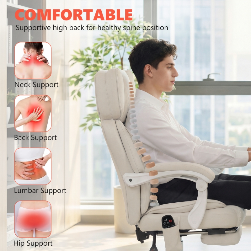HOMCOM Office Chair with Massage, Heat, Adjustable Headrest, Leathaire‌ Reclining Desk Chair with Footrest, Cream White